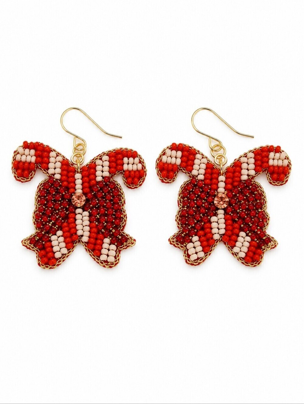 3/$30 CATO Red Beaded Christmas Candy Cane Bow Drop Earrings
